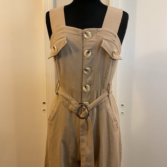 🌹 Khaki Beige Belted Utility Linen Button Down Sleeveless Jumpsuit - Picture 3 of 8